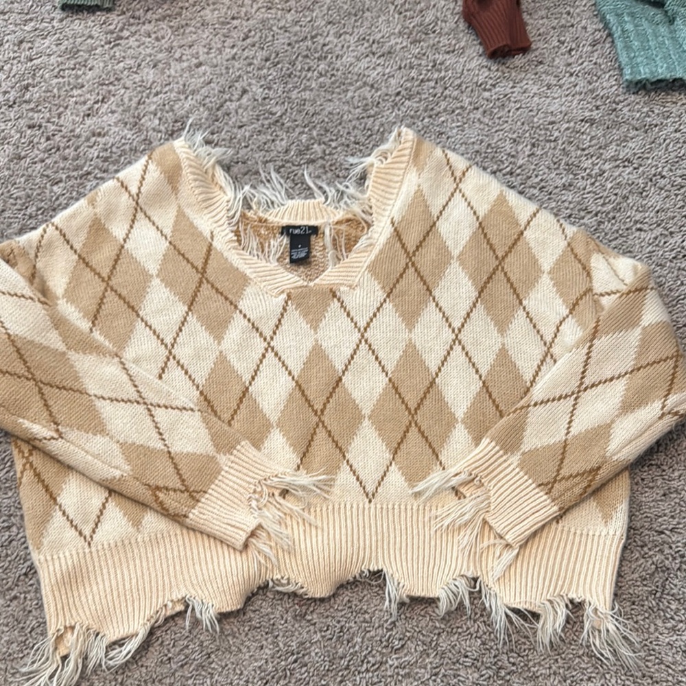 Rue21 Cream and Brown Off-the-Shoulder Sweater